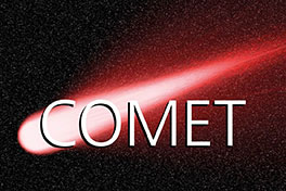 Komet mit Schweif im Hintergrund. Schriftzug "COMET" im Vordergrund.