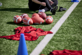 Sportwissenschaft – rote Rugbybälle liegen auf dem Rasen