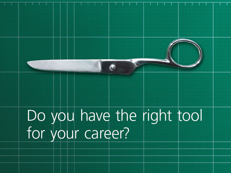 Eine halbierte Schere auf grünem Grund. Schriftzug im Vordergrund: "Do you have the right tool for your career?"